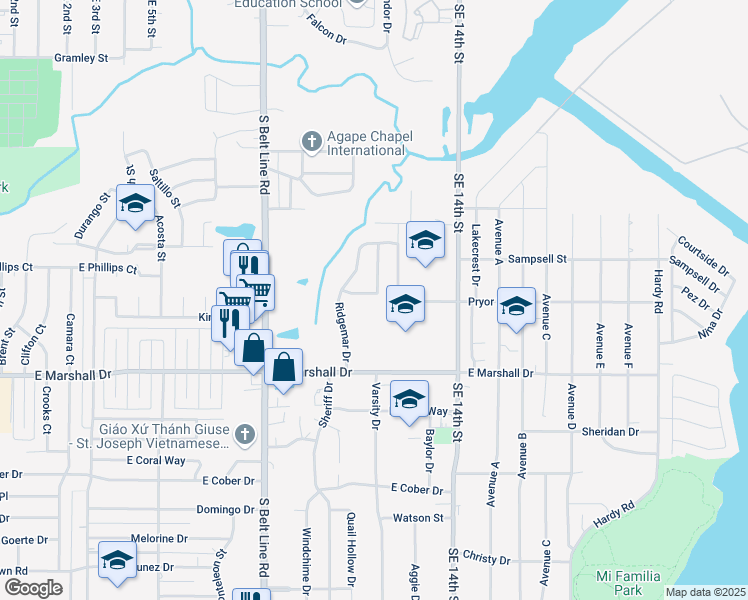 map of restaurants, bars, coffee shops, grocery stores, and more near 1732 Ridgemar Drive in Grand Prairie