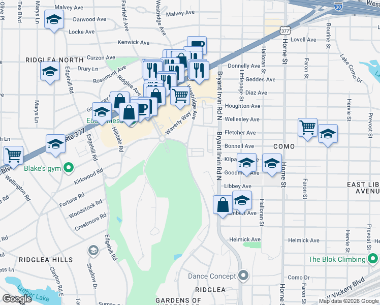 map of restaurants, bars, coffee shops, grocery stores, and more near 3815 Westridge Avenue in Fort Worth