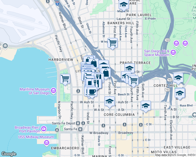 map of restaurants, bars, coffee shops, grocery stores, and more near 1702 State Street in San Diego
