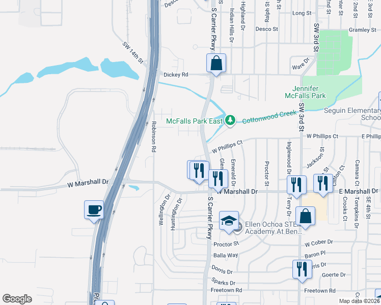 map of restaurants, bars, coffee shops, grocery stores, and more near 1710 South Carrier Parkway in Grand Prairie