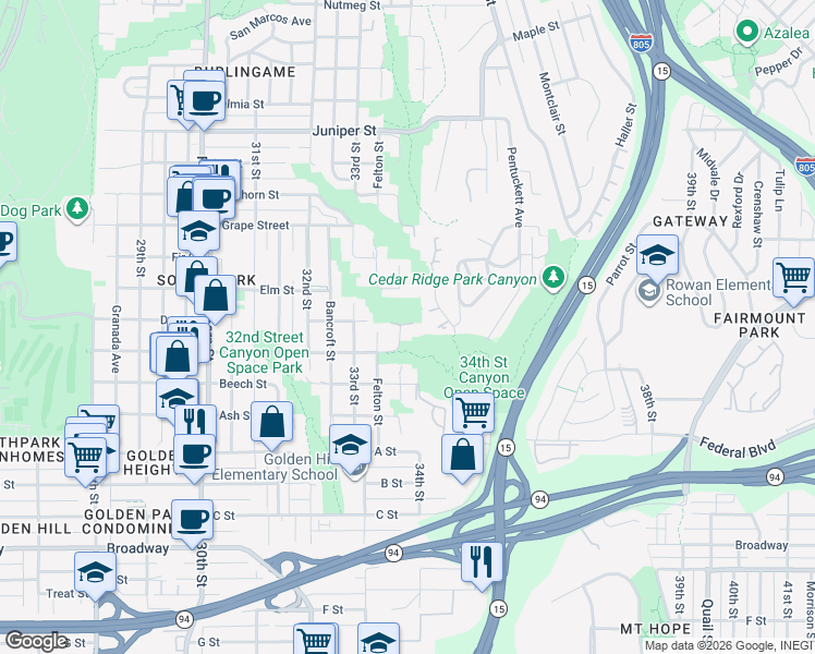 map of restaurants, bars, coffee shops, grocery stores, and more near 1643 Gregory Street in San Diego