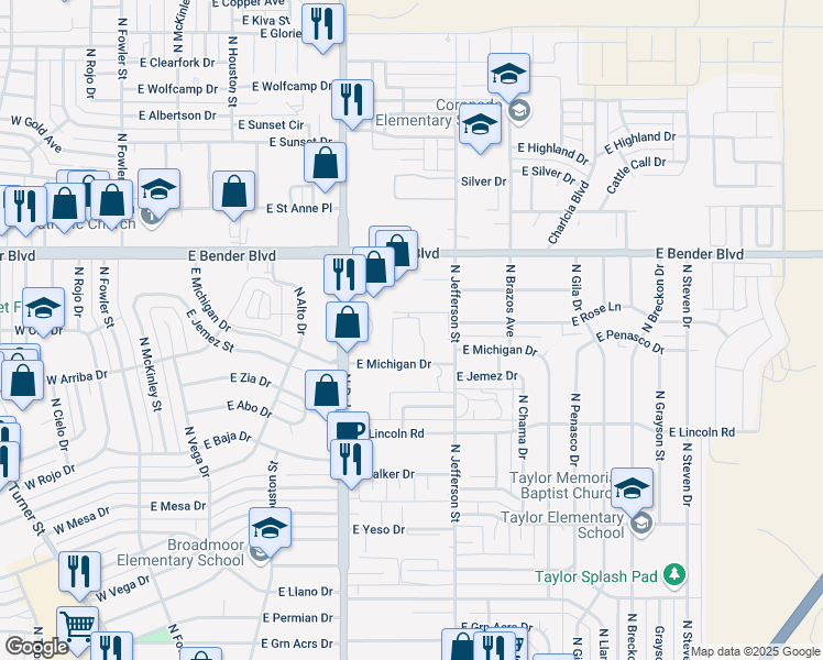 map of restaurants, bars, coffee shops, grocery stores, and more near 920 East Michigan Drive in Hobbs