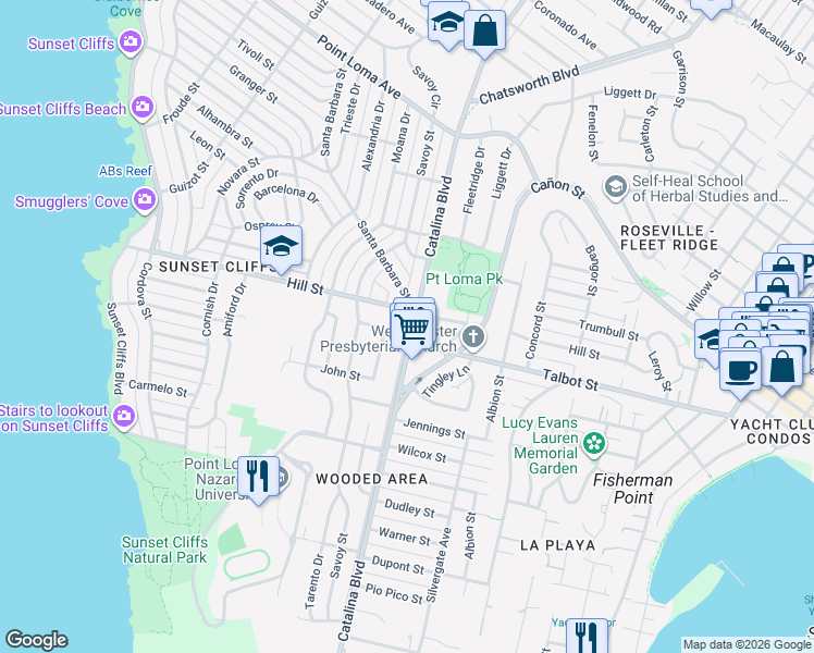 map of restaurants, bars, coffee shops, grocery stores, and more near 960 Catalina Boulevard in San Diego