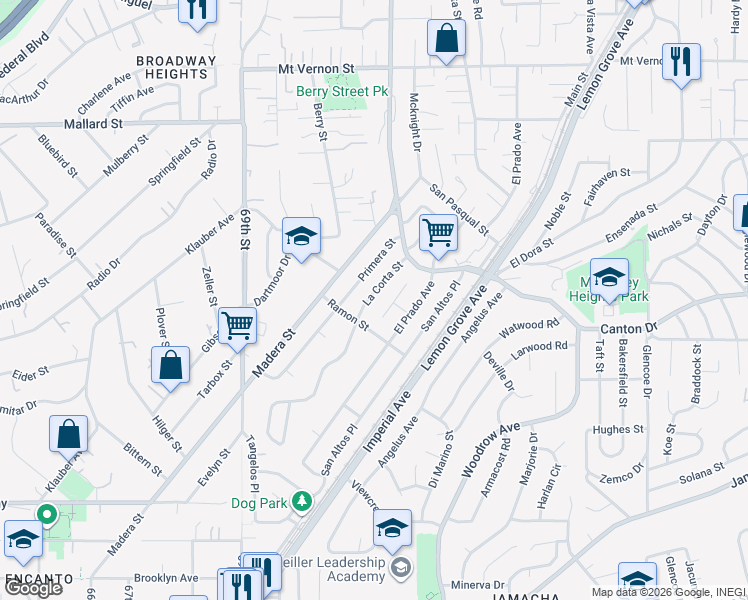 map of restaurants, bars, coffee shops, grocery stores, and more near 1727 La Corta Street in Lemon Grove