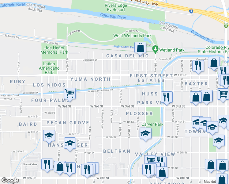 map of restaurants, bars, coffee shops, grocery stores, and more near 261 South 17th Avenue in Yuma