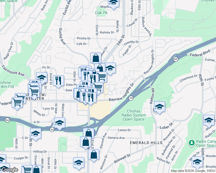 map of restaurants, bars, coffee shops, grocery stores, and more near 1625 Pentecost Way in San Diego