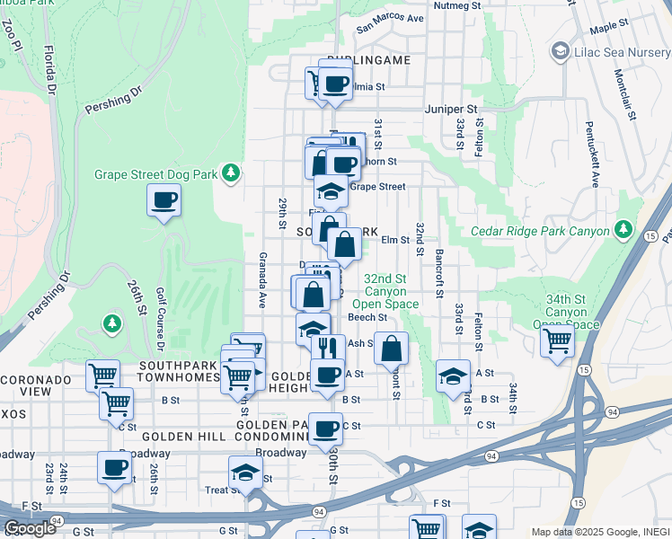 map of restaurants, bars, coffee shops, grocery stores, and more near 1605 Fern Street in San Diego