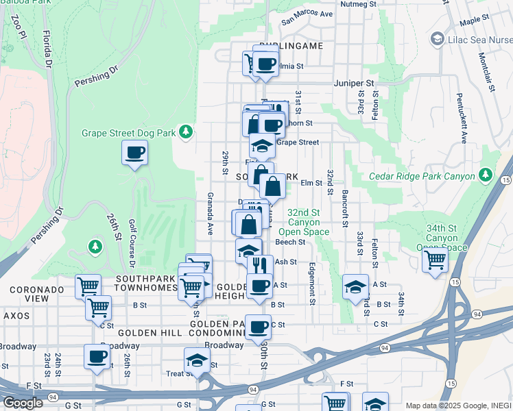 map of restaurants, bars, coffee shops, grocery stores, and more near 2980 Cedar Street in San Diego