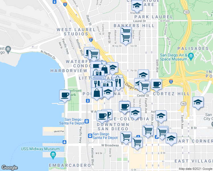 map of restaurants, bars, coffee shops, grocery stores, and more near 1631 State Street in San Diego