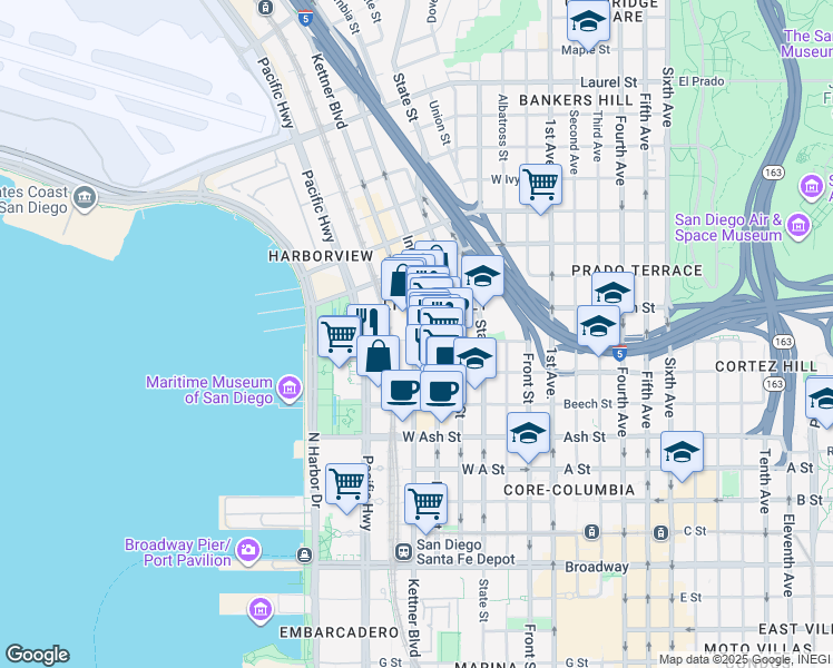 map of restaurants, bars, coffee shops, grocery stores, and more near 1670 Kettner Boulevard in San Diego