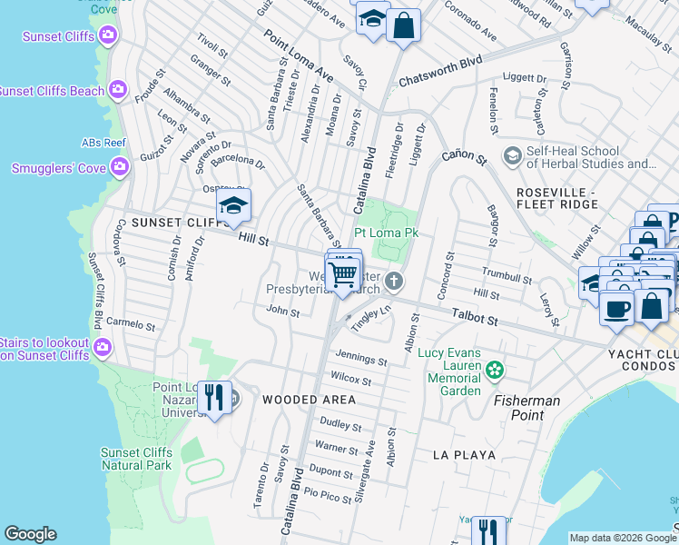 map of restaurants, bars, coffee shops, grocery stores, and more near 960 Catalina Boulevard in San Diego
