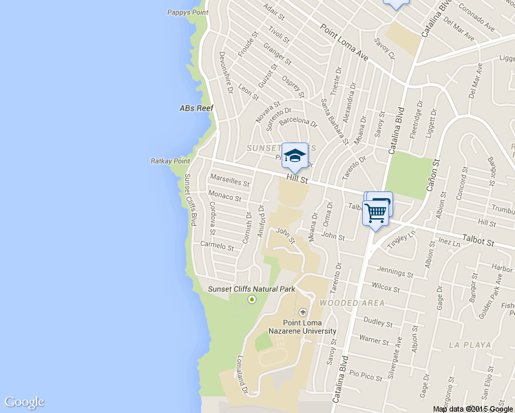 map of restaurants, bars, coffee shops, grocery stores, and more near 850 Cornish Drive in San Diego