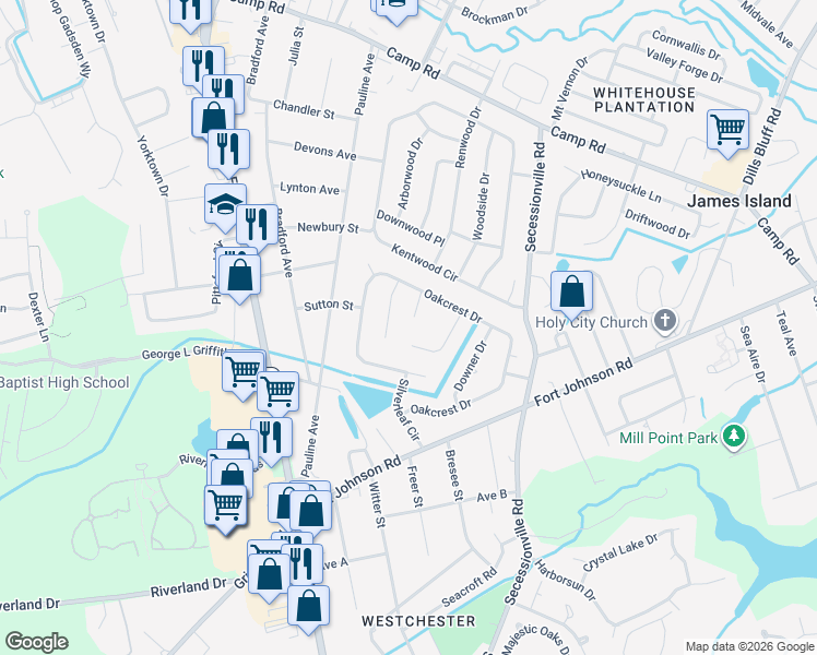 map of restaurants, bars, coffee shops, grocery stores, and more near 1170 Rivercrest Drive in Charleston