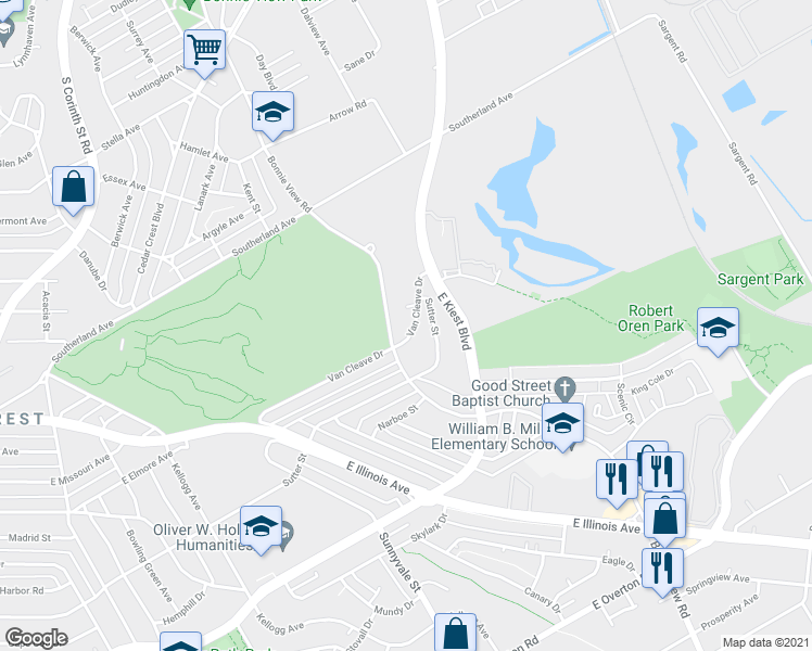map of restaurants, bars, coffee shops, grocery stores, and more near 2216 Van Cleave Drive in Dallas