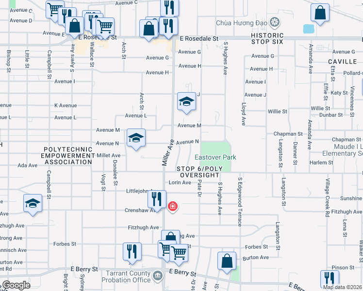 map of restaurants, bars, coffee shops, grocery stores, and more near 2221 Garrison Avenue in Fort Worth