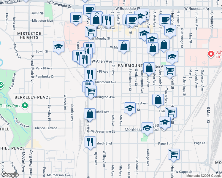 map of restaurants, bars, coffee shops, grocery stores, and more near 1937 Fairmount Avenue in Fort Worth