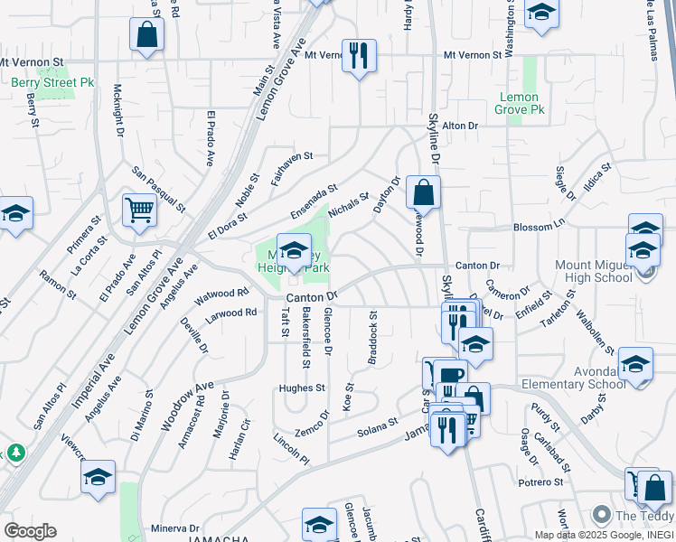 map of restaurants, bars, coffee shops, grocery stores, and more near 1737 Glencoe Drive in Lemon Grove