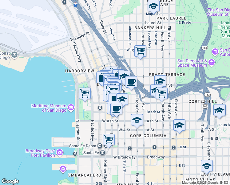 map of restaurants, bars, coffee shops, grocery stores, and more near 550 West Date Street in San Diego