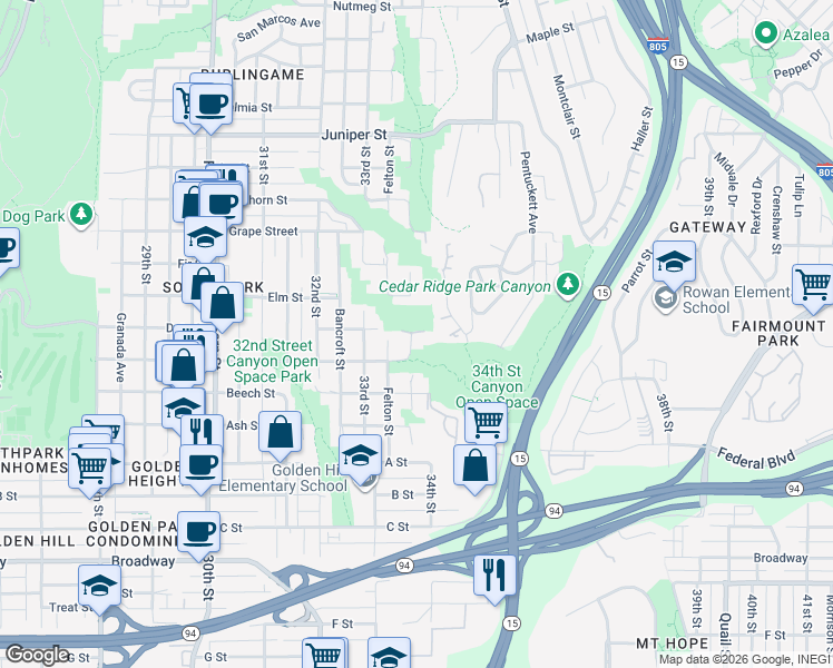 map of restaurants, bars, coffee shops, grocery stores, and more near 1643 Gregory Street in San Diego