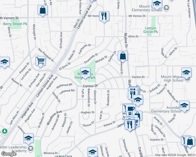 map of restaurants, bars, coffee shops, grocery stores, and more near 1737-41 Glencoe Drive in Lemon Grove
