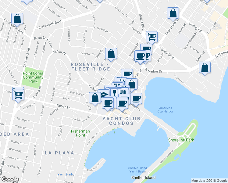 map of restaurants, bars, coffee shops, grocery stores, and more near Locust St & Byron St in San Diego