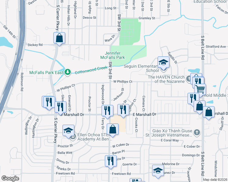 map of restaurants, bars, coffee shops, grocery stores, and more near 1646 Jackson Street in Grand Prairie