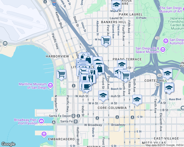 map of restaurants, bars, coffee shops, grocery stores, and more near 1706 State Street in San Diego