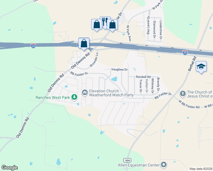 map of restaurants, bars, coffee shops, grocery stores, and more near 1252 Scott Drive in Weatherford