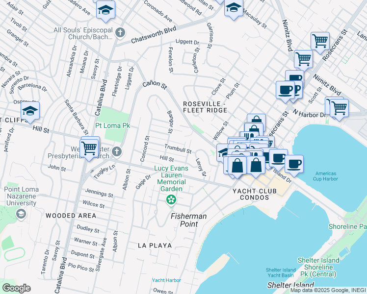 map of restaurants, bars, coffee shops, grocery stores, and more near 3326 Trumbull Street in San Diego