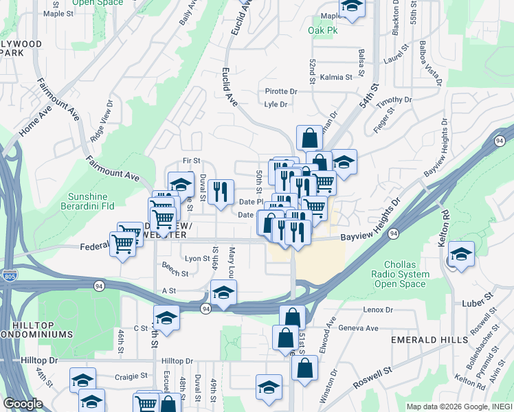 map of restaurants, bars, coffee shops, grocery stores, and more near 4991 Date Place in San Diego