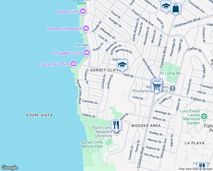 map of restaurants, bars, coffee shops, grocery stores, and more near 850 Cornish Drive in San Diego