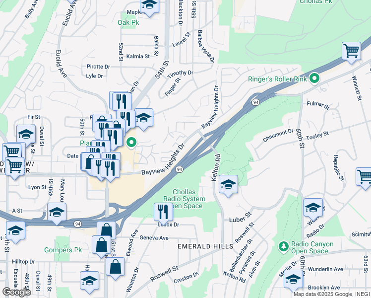 map of restaurants, bars, coffee shops, grocery stores, and more near 1631 Bayview Heights Drive in San Diego