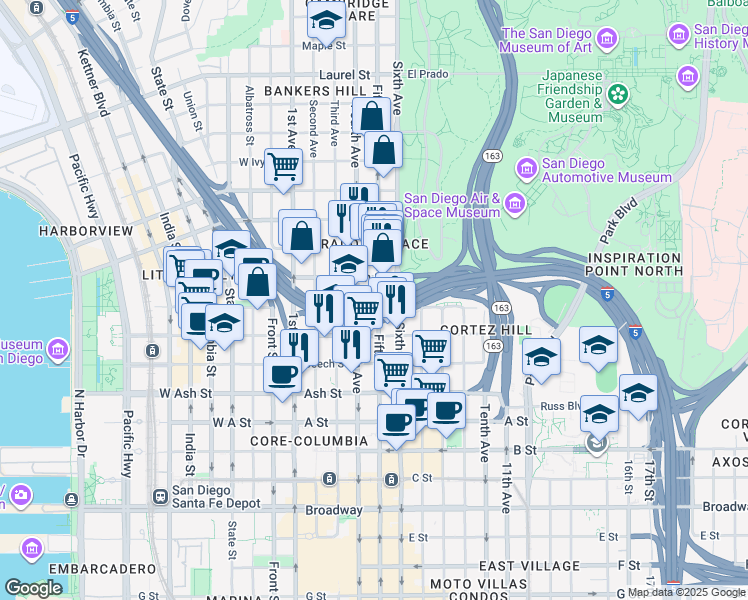 map of restaurants, bars, coffee shops, grocery stores, and more near 1760 Fifth Avenue in San Diego