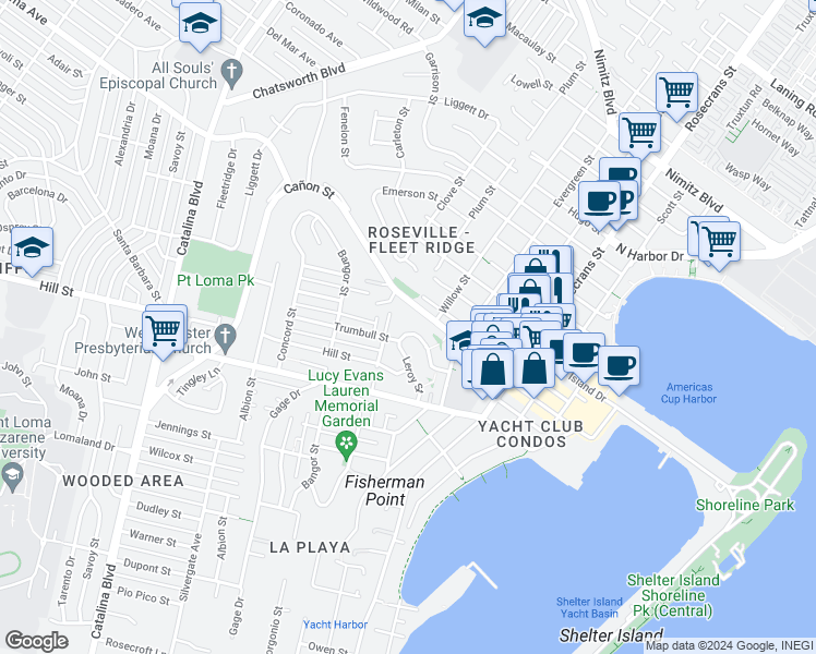 map of restaurants, bars, coffee shops, grocery stores, and more near 3266 Trumbull Street in San Diego