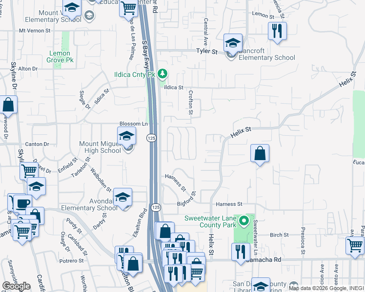 map of restaurants, bars, coffee shops, grocery stores, and more near 1815 Sweetwater Road in Spring Valley