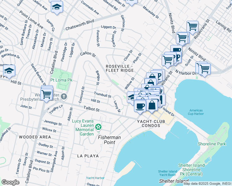 map of restaurants, bars, coffee shops, grocery stores, and more near 3266 Trumbull Street in San Diego