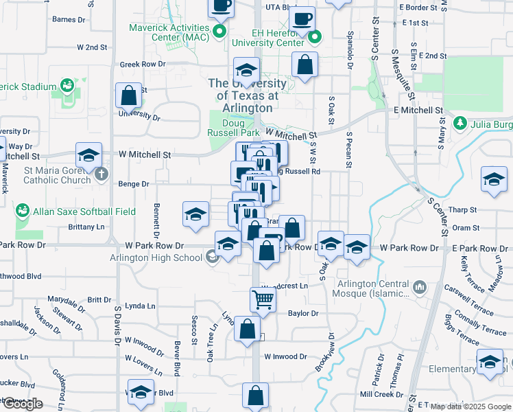 map of restaurants, bars, coffee shops, grocery stores, and more near S Cooper St & Linda Vista Ave in Arlington