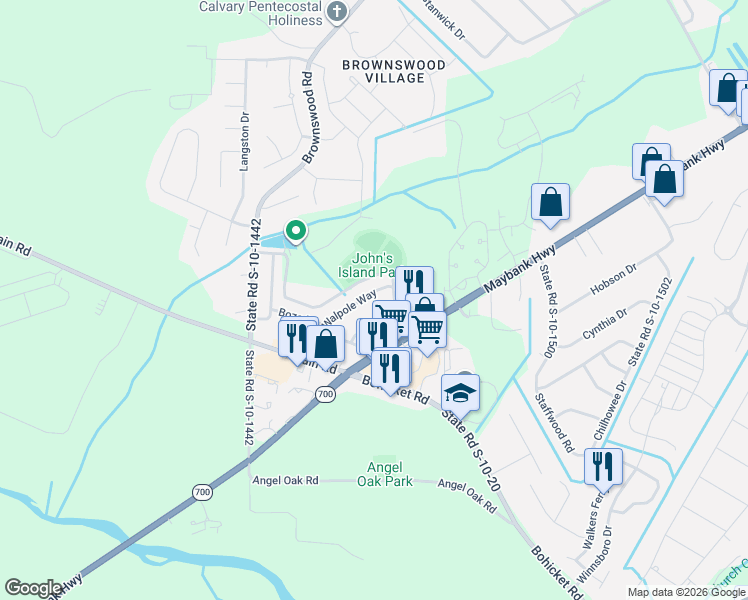 map of restaurants, bars, coffee shops, grocery stores, and more near 1704 Walpole Way in Johns Island