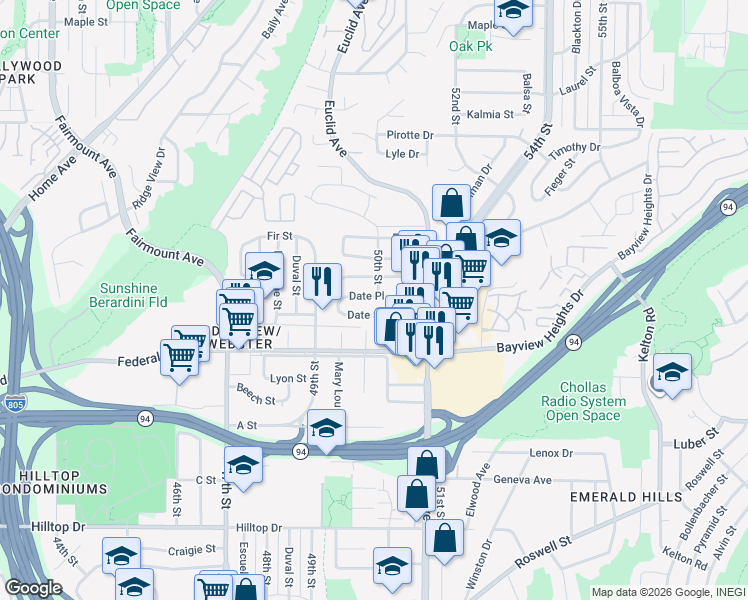 map of restaurants, bars, coffee shops, grocery stores, and more near 4991 Date Place in San Diego