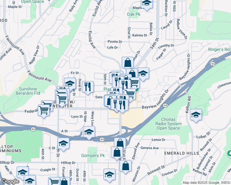 map of restaurants, bars, coffee shops, grocery stores, and more near in San Diego