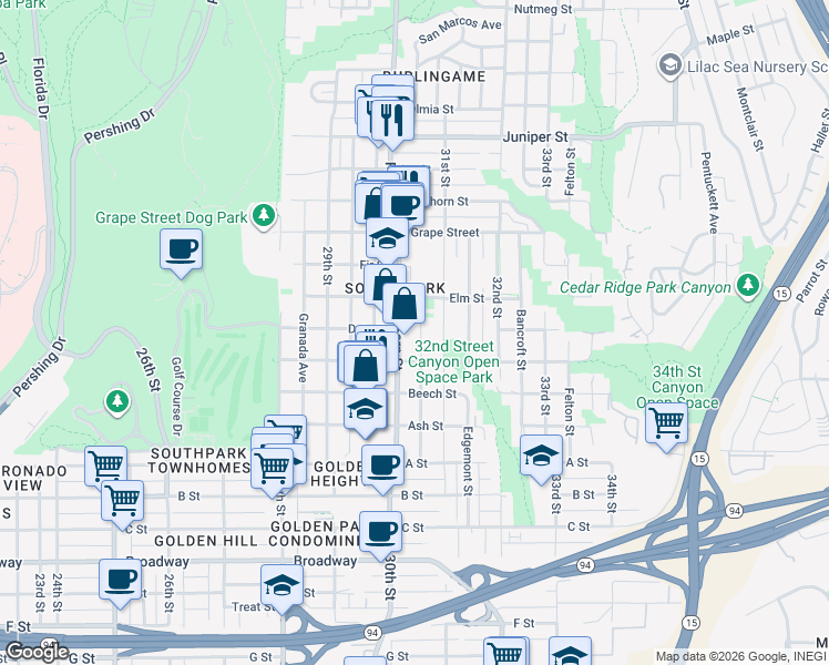 map of restaurants, bars, coffee shops, grocery stores, and more near 1644 Grove St in San Diego