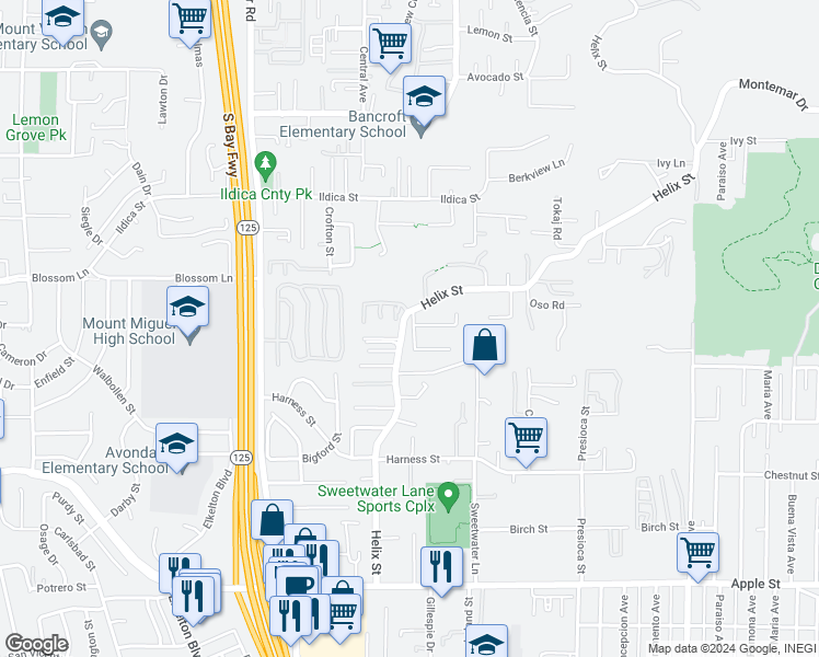 map of restaurants, bars, coffee shops, grocery stores, and more near 1841 Helix Street in Spring Valley