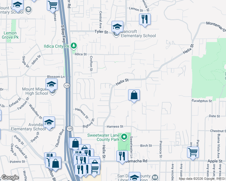 map of restaurants, bars, coffee shops, grocery stores, and more near 8781 Vista Del Oro Way in Spring Valley
