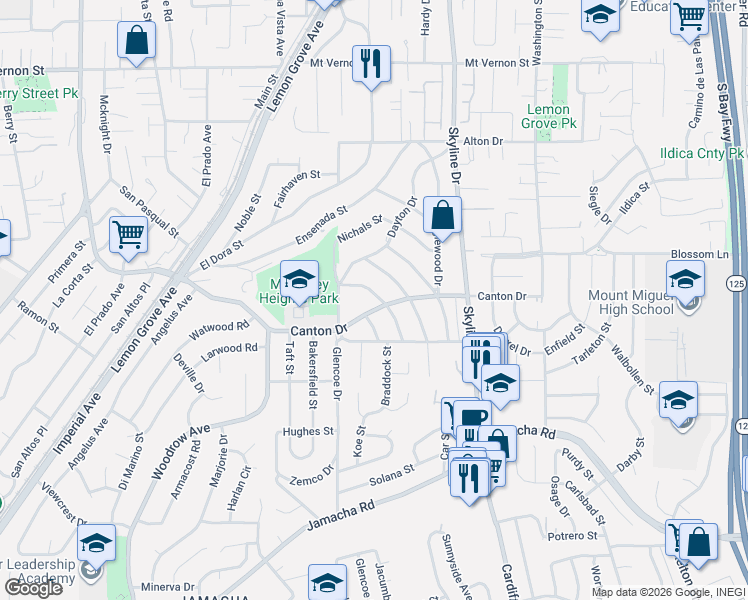 map of restaurants, bars, coffee shops, grocery stores, and more near 1740 Dupont Drive in Lemon Grove