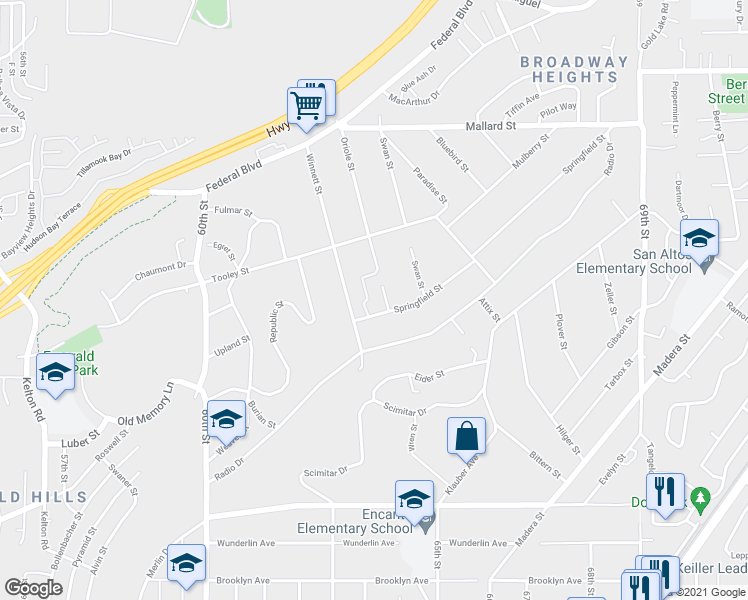 map of restaurants, bars, coffee shops, grocery stores, and more near 1757 Winnett Street in San Diego