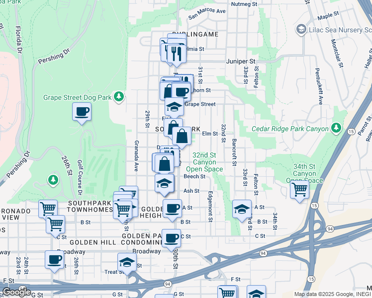 map of restaurants, bars, coffee shops, grocery stores, and more near in San Diego