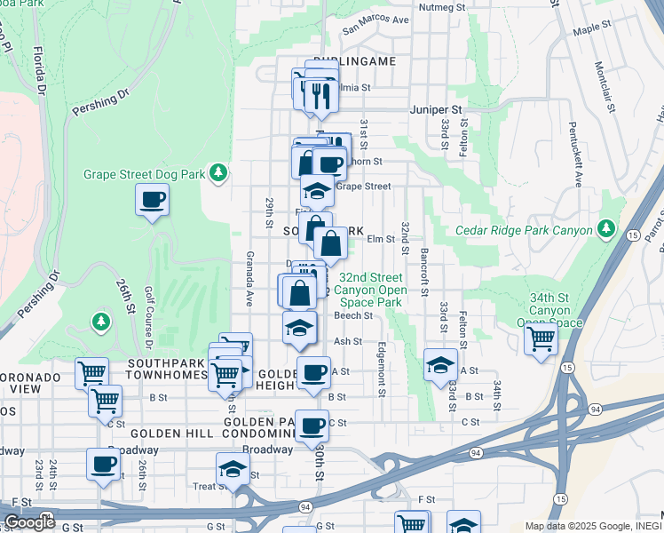 map of restaurants, bars, coffee shops, grocery stores, and more near in San Diego