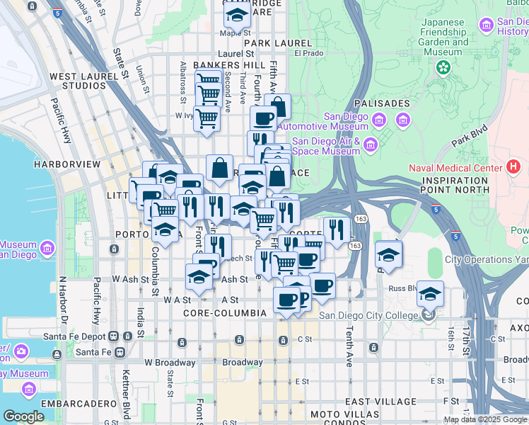 map of restaurants, bars, coffee shops, grocery stores, and more near 1760 Fifth Avenue in San Diego