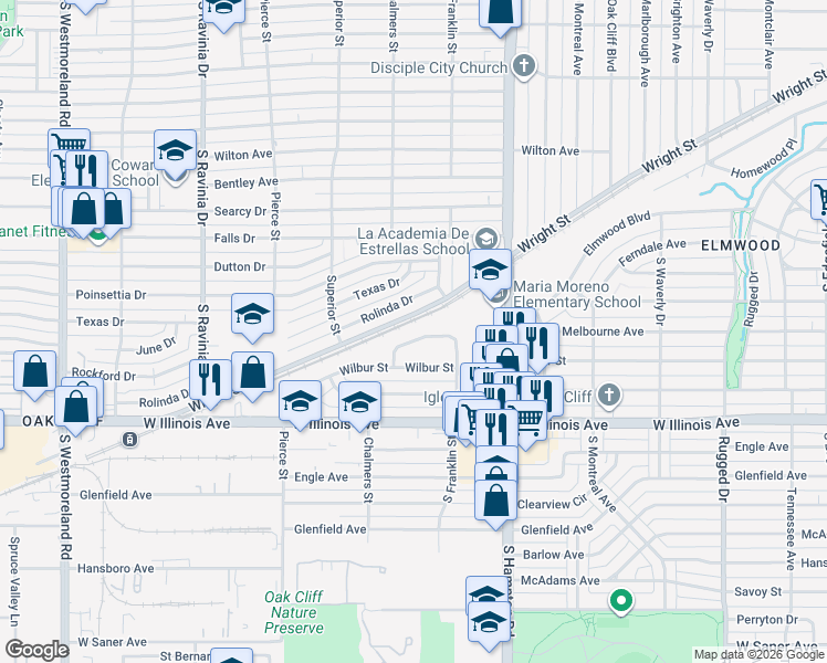 map of restaurants, bars, coffee shops, grocery stores, and more near 2530 Rolinda Drive in Dallas