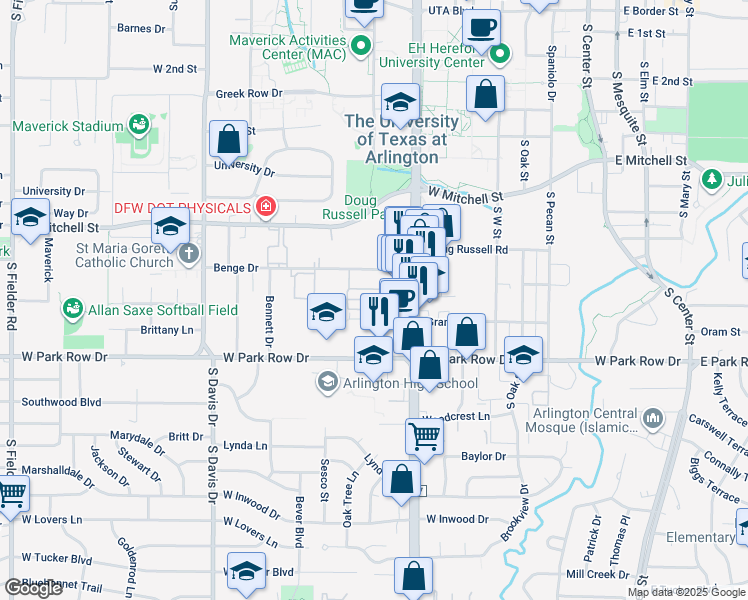 map of restaurants, bars, coffee shops, grocery stores, and more near 710 Benge Drive in Arlington